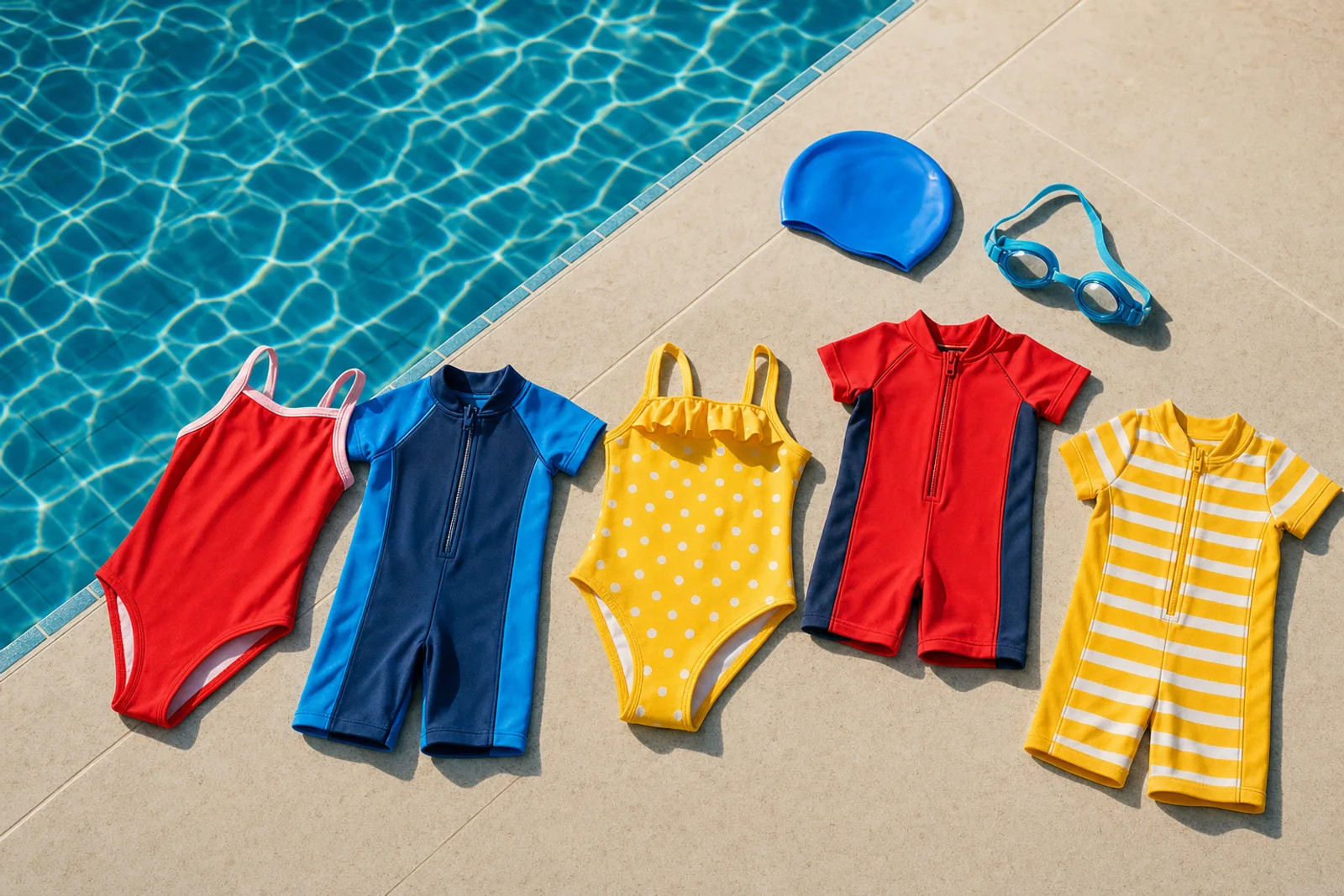 Kinderzwemkleding in primaire kleuren op tegelvloer bij zwembad