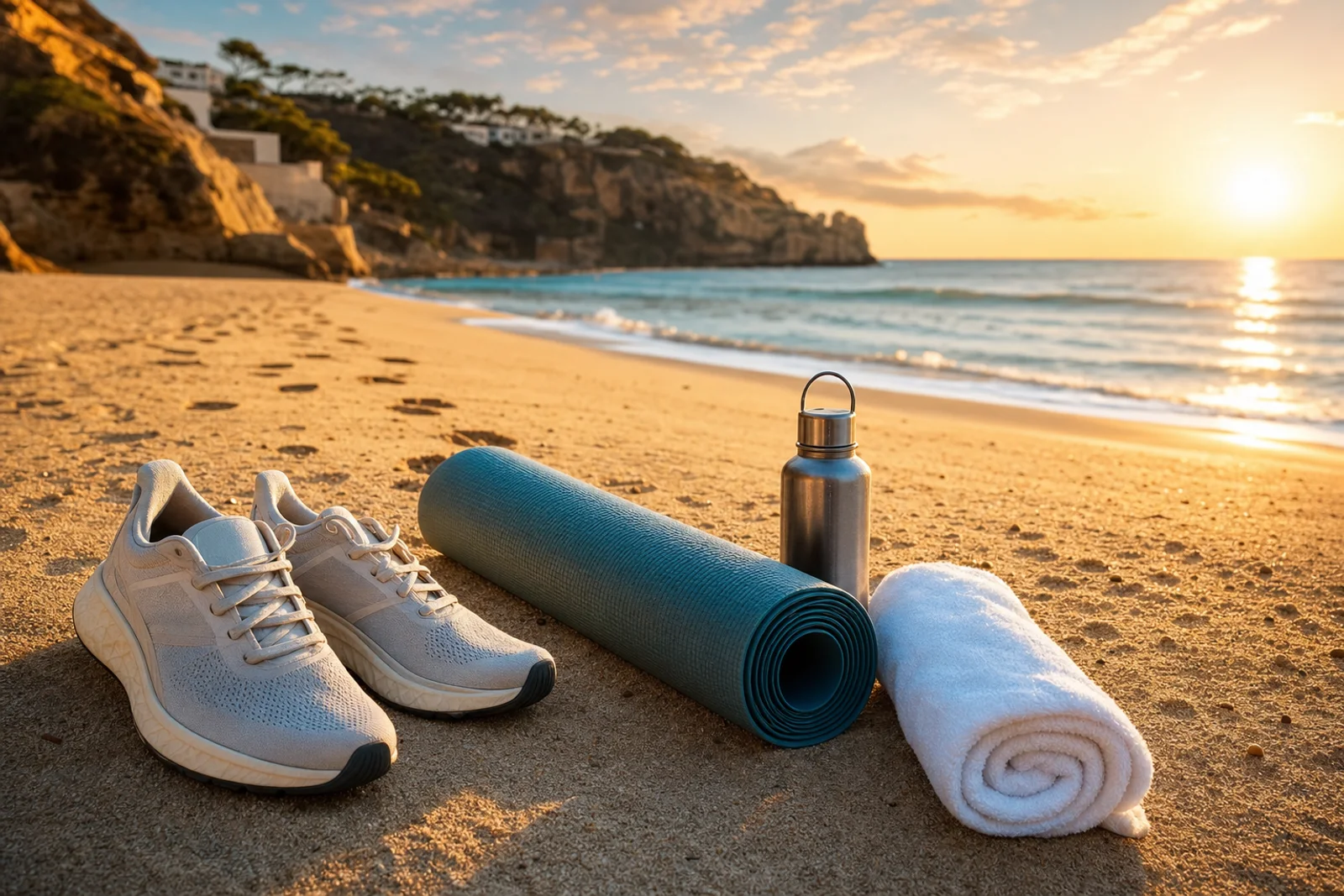 Hardloopschoenen, yogamat, drinkfles en handdoek op een Mediterraans strand bij gouden uur