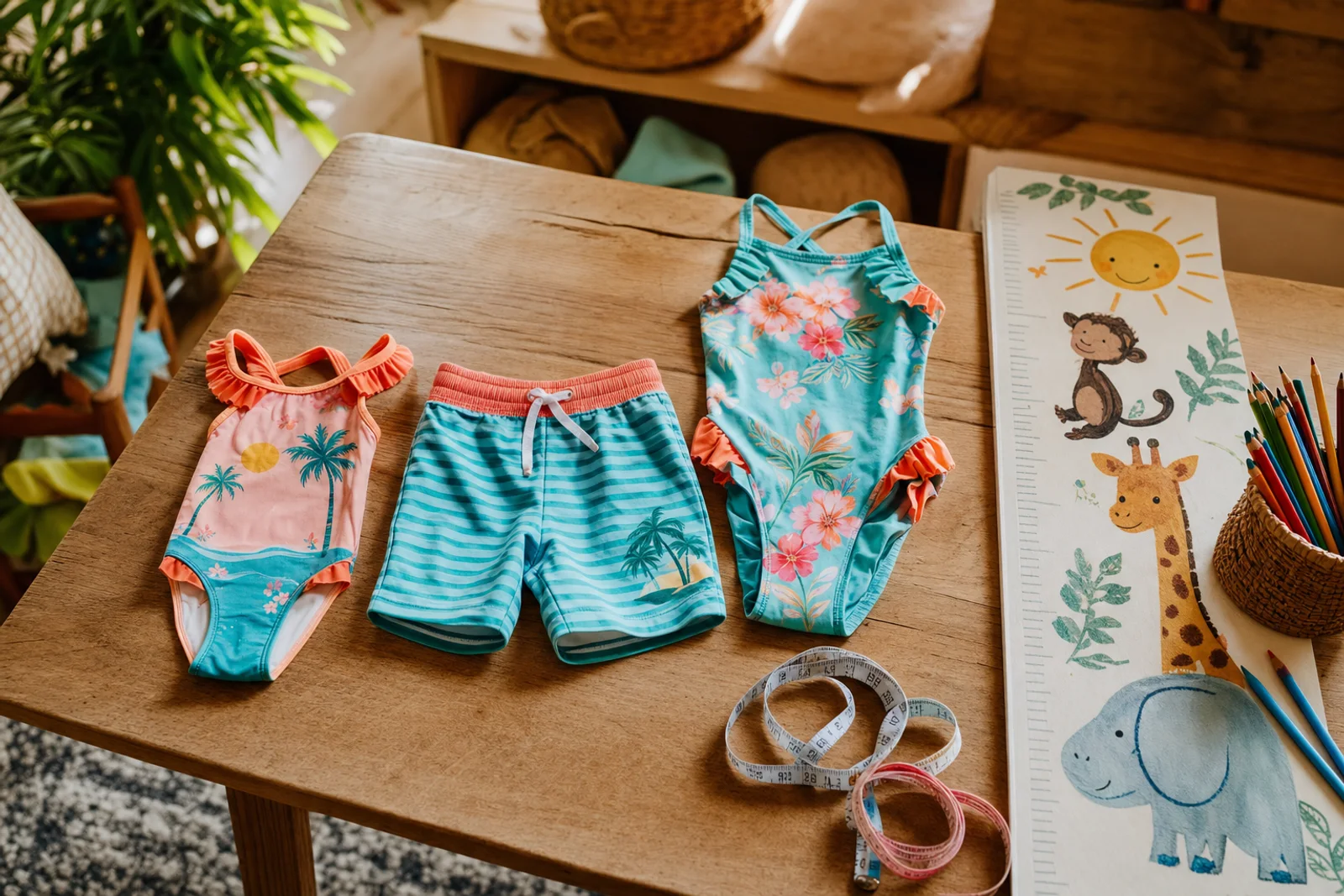Drie maten kinderzwemkleding met meetlint en groei-tabel