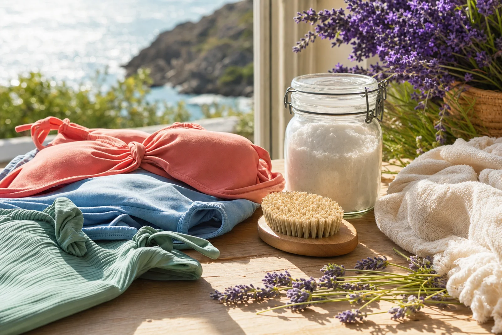 Gevouwen badmode in pasteltinten naast glazen pot natuurlijk wasmiddel, lavendel en houten brush