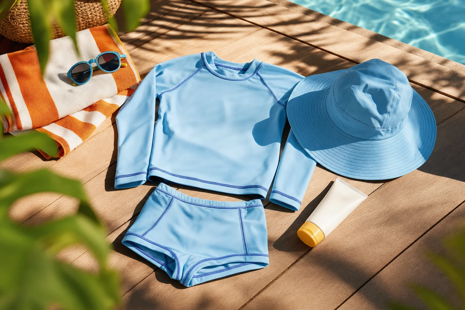 Kinder UV-zwemset met rashguard en hoed op houten dek