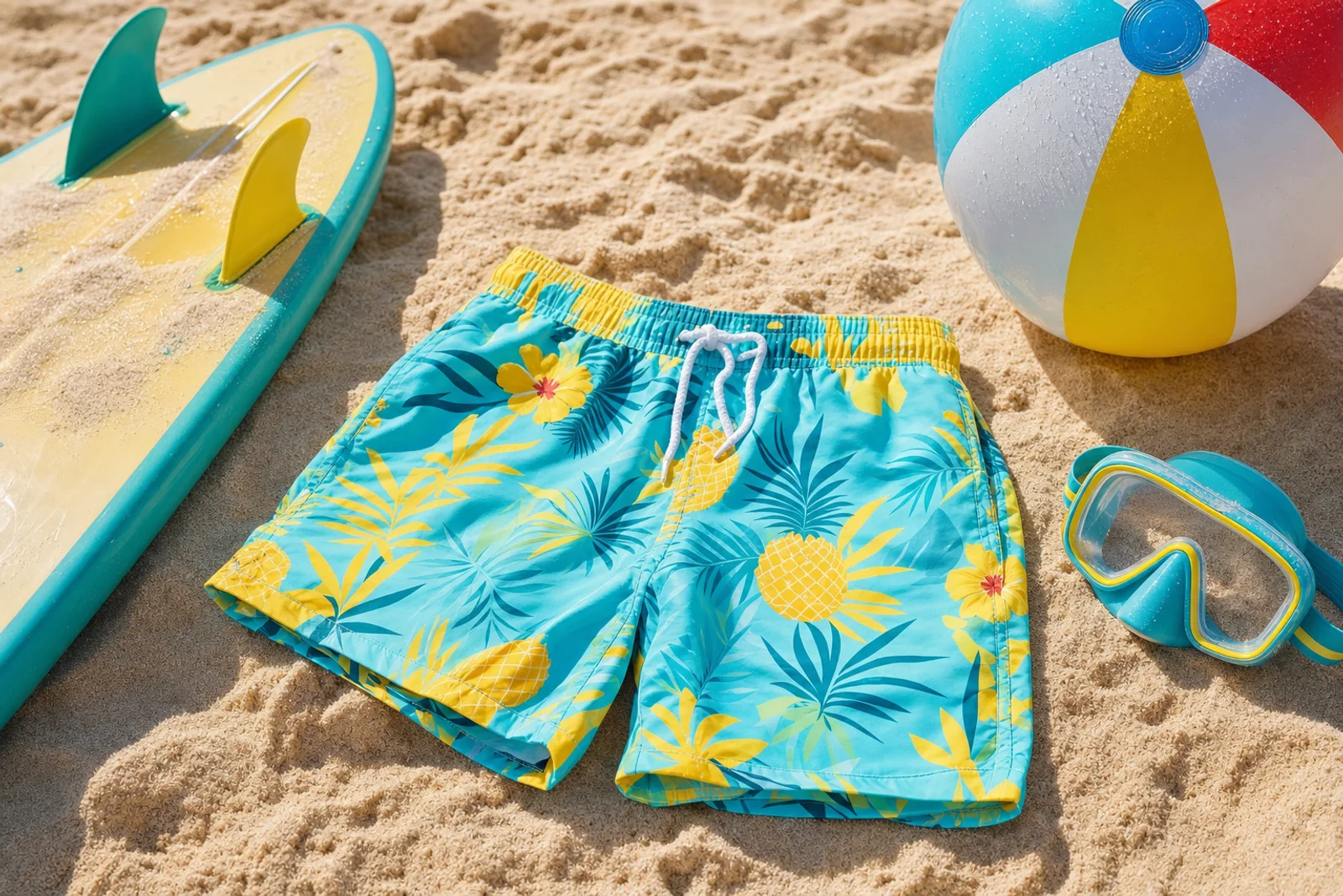 Jongens-zwembroekje met tropische print op zand met bal en surfboard