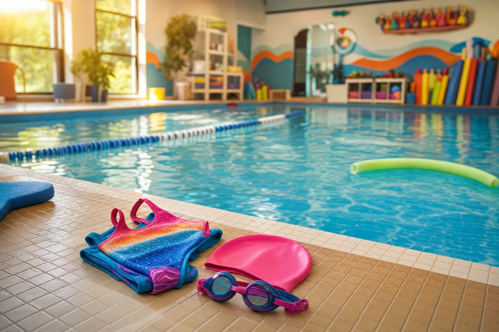 Zwembad voor zwemles met kinderzwemkleding en swim-noedel op tegelrand
