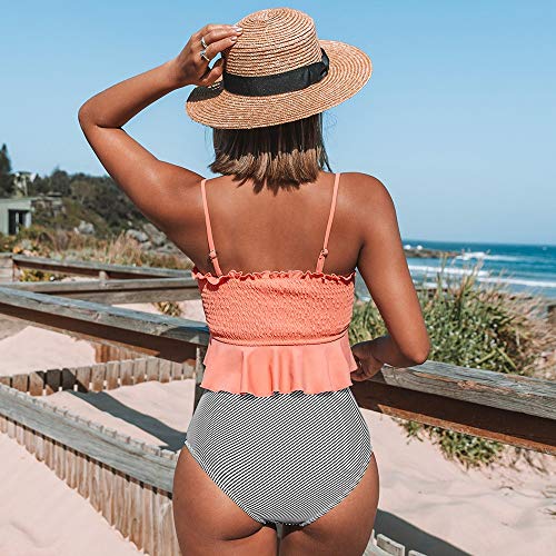 Gesmokte Blauwe Bladeren Print Bikini Sets Vrouwen Ruche Hoge Taille Twee Stukken Badpakken 2021 Meisje Badpakken (Maat: Small) - Image 2