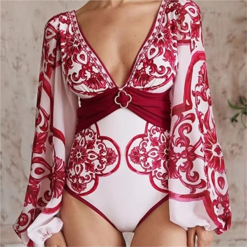 ZWCSHUU Badpak voor dames, eendelig badpak en rok, lange mouwen, junglegroene print, badmode, hoge taille, monokini badpak met bedekkende rok, Set van 3 stuks, L - Image 2