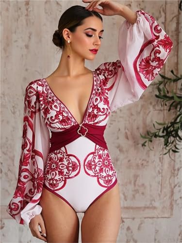 ZWCSHUU Badpak voor dames, eendelig badpak en rok, lange mouwen, junglegroene print, badmode, hoge taille, monokini badpak met bedekkende rok, Set van 3 stuks, L - Image 3