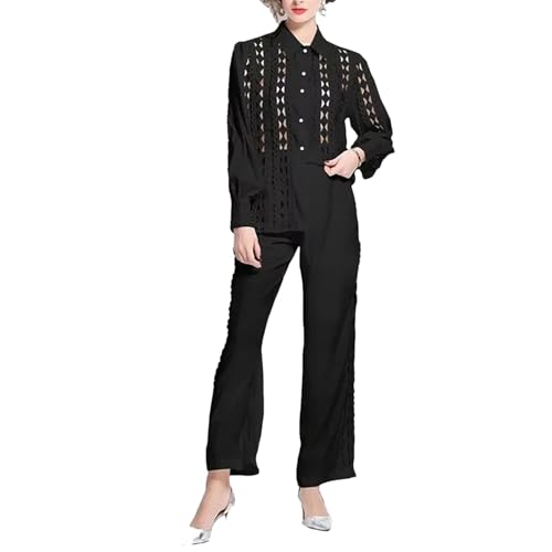 Chique kanten tweedelige broekenset voor dames, met revers, shirt met hoge taille, Zwart, M