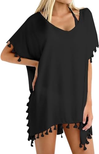 Chalier Strandponcho voor dames, zomer, bikini, badpak, cover-up strandjurk met kwastjes, herbruikbaar, A-zwart, One size