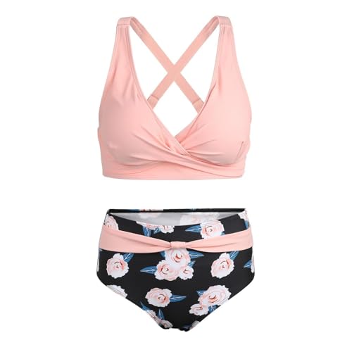 Bikini Dames Buik Controle Tweedelig Badpak V Hals Push Up Badmode Hoge Taille Bloemenprint Badmode Zomer Plus Size Badpak Top + Zwemshorts(Pink,XX-Large) - Image 3