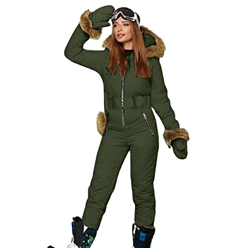 Skipak voor dames, sneeuwpak voor dames, waterdicht, met ski-zak, skihandschoenen, skihandschoenen, wollig, behaaglijk, ski-overall met capuchon van kunstbont, softshell-jas met rits, onesies, warm - Image 2
