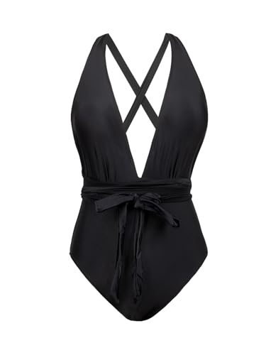 CUPSHE Badpak voor dames, diepe V-hals, monokini, zelf vastknopen, effen, eendelig, badmode, zwempak, zwart, M - Image 5
