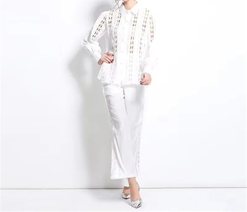 Chique kanten tweedelige broekenset voor dames, met revers, shirt met hoge taille, Zwart, M - Image 4