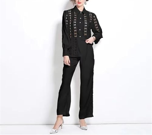 Chique kanten tweedelige broekenset voor dames, met revers, shirt met hoge taille, Zwart, M - Image 2