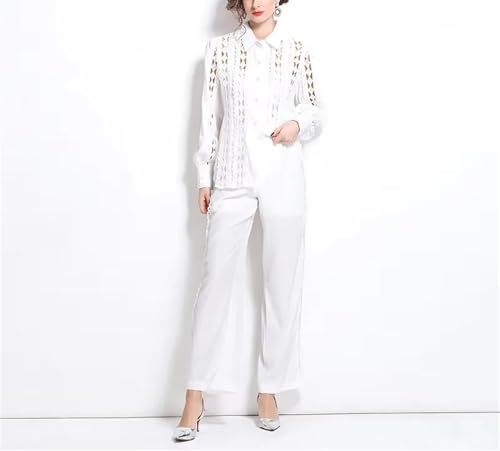 Chique kanten tweedelige broekenset voor dames, met revers, shirt met hoge taille, Zwart, M - Image 5