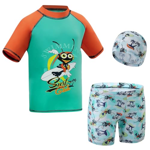 KAKU NANU 3 Stuks Jongens Zwemmen Kostuum Zwemmen Shorts Top Hat 5-14 Jaar Peuter Badpak Korte Mouw Rash Guard T-shirt, Cyaan, 10-12 jaar