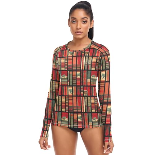 Dames Rash Guard Shirts Zonbescherming Kleding UPF 50+ Lange Mouw Bescheiden Zwemshirt Surf Tops, Kleurrijke Tribale Olifanten, S