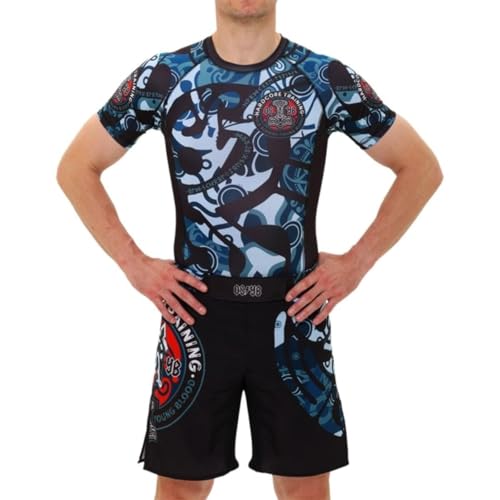 Hardcore Training Nordic Rash Guard Men Compressieshirt Lange Kort Mouw Basislaag MMA BJJ Jiu Jitsu Grappling Boxing (DE/NL/SE/PL, Alfabetisch, L, Regular, Regular, Black Light Blue) - Image 4