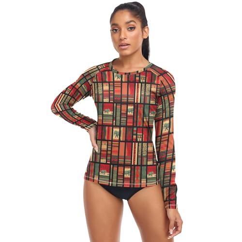 Dames Rash Guard Shirts Zonbescherming Kleding UPF 50+ Lange Mouw Bescheiden Zwemshirt Surf Tops, Kleurrijke Tribale Olifanten, S - Image 5