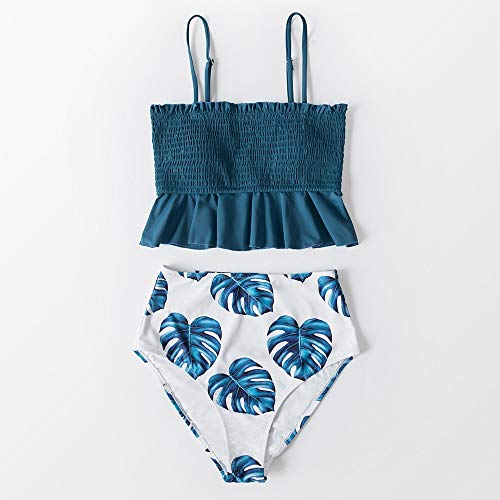 Gesmokte Blauwe Bladeren Print Bikini Sets Vrouwen Ruche Hoge Taille Twee Stukken Badpakken Meisje Badpakken (Maat: Medium) - Image 3