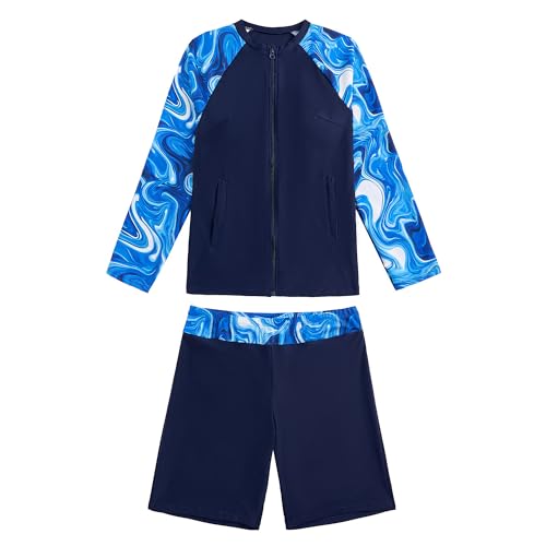 Owntop Rash Guard voor dames, 2-delig, UPF 50+ badshirt, lange mouwen, ritssluiting, rashguard shirts en boyshorts met hoge taille, sneldrogend, badkleding, zwemkleding, zwemmen, surfen, blauw, XL - Image 2