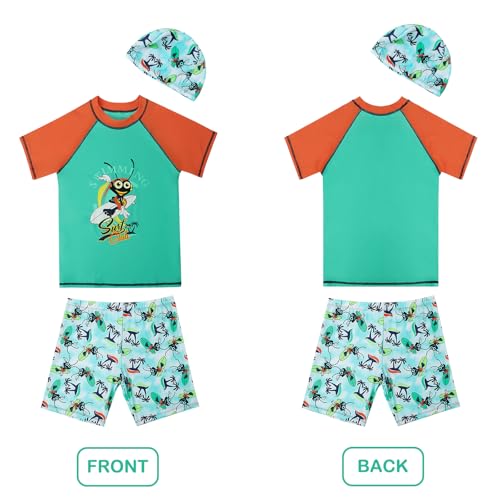 KAKU NANU 3 Stuks Jongens Zwemmen Kostuum Zwemmen Shorts Top Hat 5-14 Jaar Peuter Badpak Korte Mouw Rash Guard T-shirt, Cyaan, 10-12 jaar - Image 6