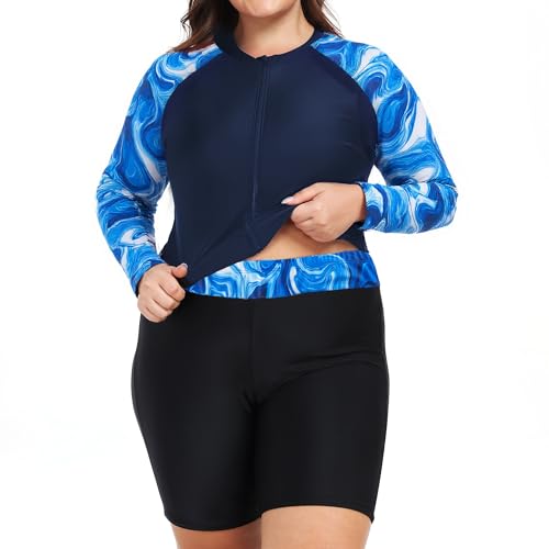 Owntop Rash Guard voor dames, 2-delig, UPF 50+ badshirt, lange mouwen, ritssluiting, rashguard shirts en boyshorts met hoge taille, sneldrogend, badkleding, zwemkleding, zwemmen, surfen, blauw, XL