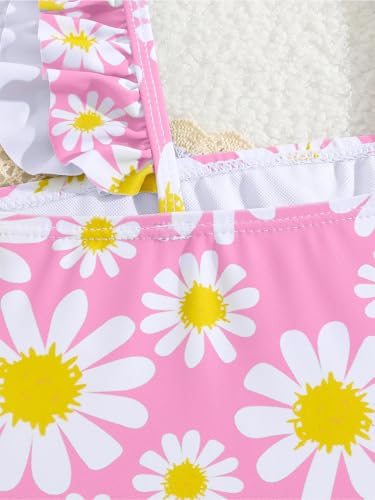 JiAmy Badpak voor meisjes, eendelig, mouwloos, bloemenpatroon, ruches, elastische bandjes, zwemkleding voor 2-7 jaar, 92-122, roze, 2-3 Jaar - Image 3