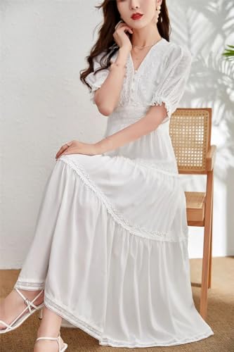 Retro V-hals pofmouwen maxi-jurken voor dames lange jurken wit katoen casual strandjurk, Wit, S - Image 5