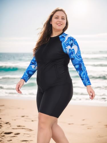 Owntop Rash Guard voor dames, 2-delig, UPF 50+ badshirt, lange mouwen, ritssluiting, rashguard shirts en boyshorts met hoge taille, sneldrogend, badkleding, zwemkleding, zwemmen, surfen, blauw, XL - Image 8