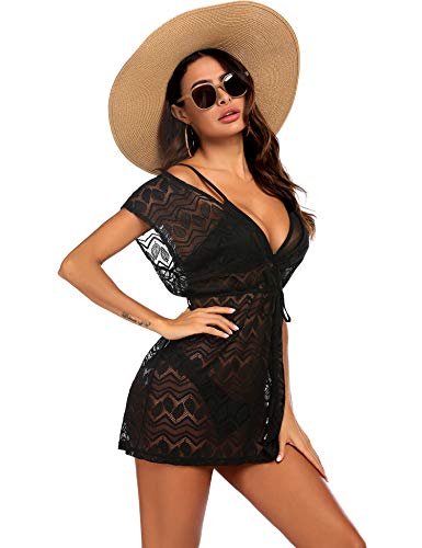 AI'MAGE Strandjurk voor dames, boho, weven, unieke bikini cover-up, zomerjurk, strandjurk, sexy peros badmode, 01 zwarte bladeren, XXL - Image 7