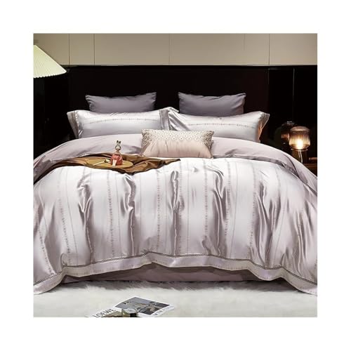Zacht 4 Pieces Satin Striped Duvet Cover King/Queen Size Set All Season Luxury Silky Like Bedding Set with Flat Sheet and 2 Pillowcases Beddengoed(King 220X240cm 4pcs)