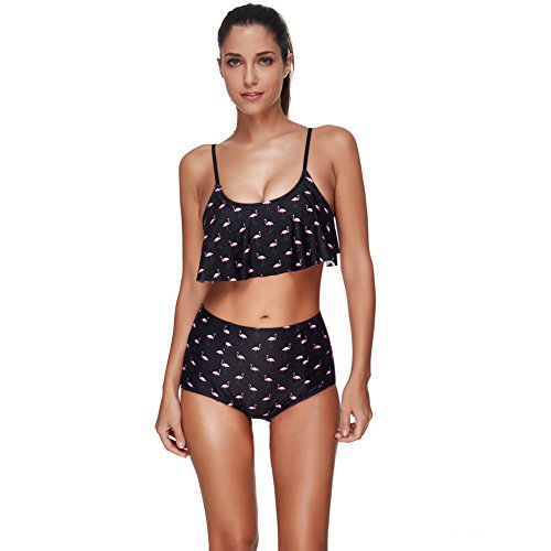 JOYMODE Dames Retro Floral Bikini Pinup Girl Polka Dot Hoge Taille Badpak, Flamingo, L(US 6-8)