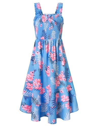 GRACE KARIN Meisjesjurk met bloemenprint, voor de zomer, A-lijn, midi-jurk, vrijetijdsjurk, strandjurk, tweelaagse zoom met ruches, 5-14 jaar, hemelsblauw, 8-10 Jaar - Image 3
