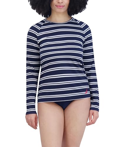 Nautica Rash Guard Shirt voor dames, Blauwe witte streep, M