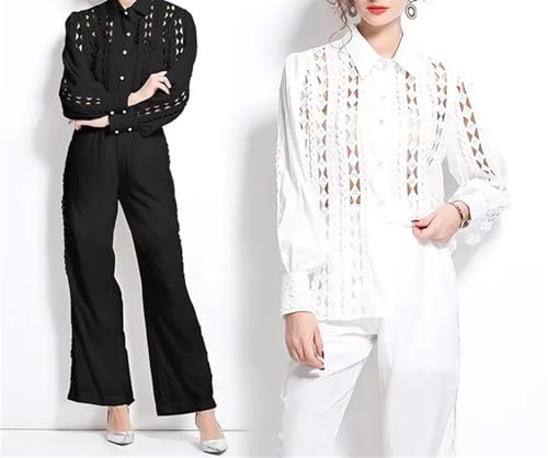 Chique kanten tweedelige broekenset voor dames, met revers, shirt met hoge taille, Zwart, M - Image 3