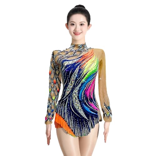 Ritmische Gymnastiek Turnpakjes, Dames Meisje Schaatskleding Hoge Elasticiteit Handgemaakt Juwelen Diamantlook Lange Mouw Wedstrijd Kunstschaatsen Jurk(3XS)