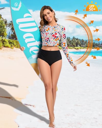 WOWENY Rash Guard Surf UV-shirt voor dames, watercrop, zwemshirt met lange mouwen, voor strand, surfen, ronde hals, badshirt, Bladdruk, S - Image 4