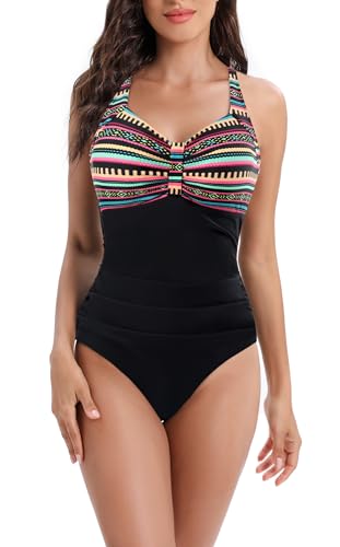 Laorchid Badpak voor dames, buikweg voor dames, badmode, V-hals, badpak, monokini, hoge taille, sport, zwempak, plooien, Boheemse strepen met zwart, XXL