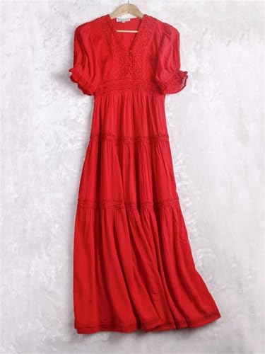 Retro V-hals pofmouwen maxi-jurken voor dames lange jurken wit katoen casual strandjurk, Wit, S - Image 3