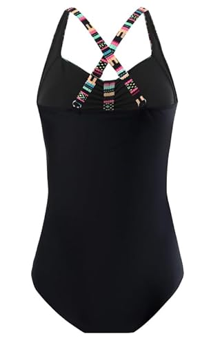Laorchid Badpak voor dames, buikweg voor dames, badmode, V-hals, badpak, monokini, hoge taille, sport, zwempak, plooien, Boheemse strepen met zwart, XXL - Image 4