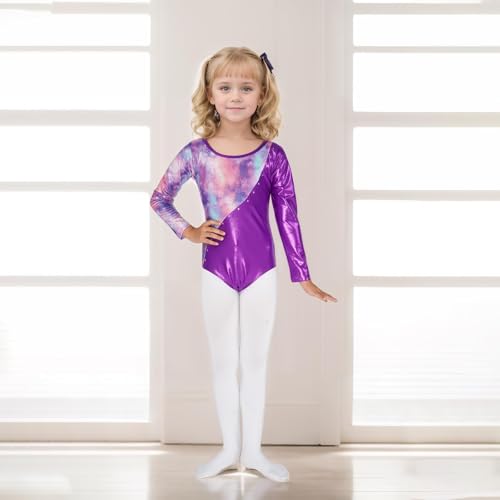 Gogokids Driedelig gymnastiekpak voor meisjes, lange mouwen, gymnastiekset met short en haarband, glinsterend balletpakje met kleurverloopdesign, voor 3 - 12 jaar, Paarse ster, 110(100-110 cm,5-6Y) - Image 5
