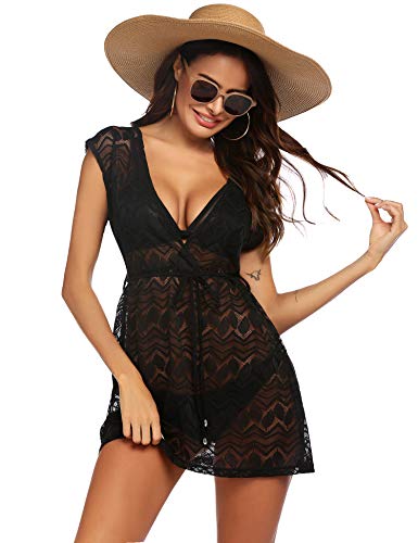 AI'MAGE Strandjurk voor dames, boho, weven, unieke bikini cover-up, zomerjurk, strandjurk, sexy peros badmode, 01 zwarte bladeren, XXL