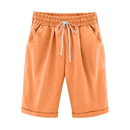 Generisch Dames zomer katoen linnen broek in grote maten, hoog getailleerde shorts, veters, strand, workout, zak, vijfpunts broek bikini set met shorts, oranje, XL