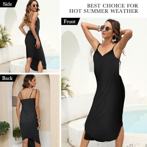 AUYAO Strandjurk voor dames, strandkleding en sarongs, zomer, bikini, rok, mouwloos, strandbadjurk met spaghettibandjes, lange losse en casual deken (zwart) - Image 4