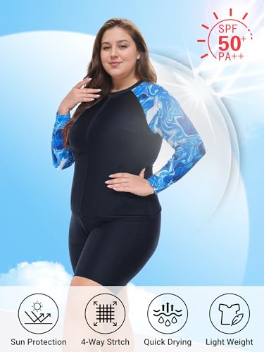 Owntop Rash Guard voor dames, 2-delig, UPF 50+ badshirt, lange mouwen, ritssluiting, rashguard shirts en boyshorts met hoge taille, sneldrogend, badkleding, zwemkleding, zwemmen, surfen, blauw, XL - Image 6