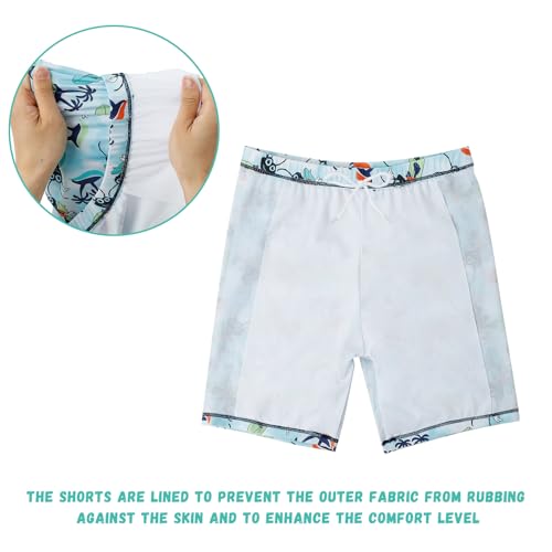 KAKU NANU 3 Stuks Jongens Zwemmen Kostuum Zwemmen Shorts Top Hat 5-14 Jaar Peuter Badpak Korte Mouw Rash Guard T-shirt, Cyaan, 10-12 jaar - Image 5