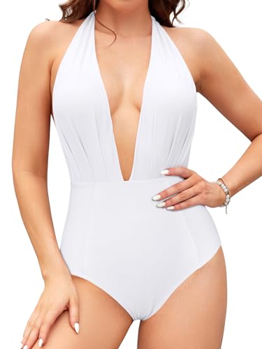 SHEKINI Eendelig badpak voor dames, blote rug, monokini, badmode, verstelbare nekhouder, diepe V-hals, strandmode, wit, XXL