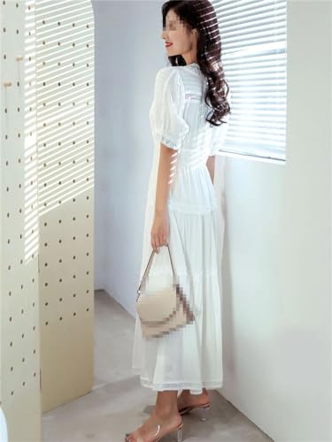 Retro V-hals pofmouwen maxi-jurken voor dames lange jurken wit katoen casual strandjurk, Wit, S - Image 2