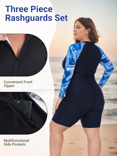 Owntop Rash Guard voor dames, 2-delig, UPF 50+ badshirt, lange mouwen, ritssluiting, rashguard shirts en boyshorts met hoge taille, sneldrogend, badkleding, zwemkleding, zwemmen, surfen, blauw, XL - Image 5