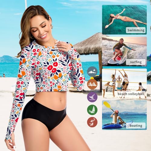 WOWENY Rash Guard Surf UV-shirt voor dames, watercrop, zwemshirt met lange mouwen, voor strand, surfen, ronde hals, badshirt, Bladdruk, S - Image 6